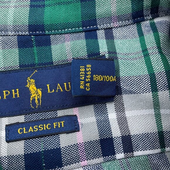 Ralph Lauren Shirt Men Large Green Pink Plaid Classic Fit OCBD Classic Preppy - Picture 6 of 12